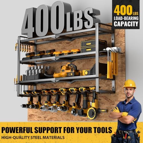MOOMSINE Large Power Tool Organizer Wall Mount for Garage, 4-Tier Heavy Duty Metal Storage Rack Loads 400lbs, Battery Tools Hanger with 8 Cordless Drill Holders for Workshop, Pegboard, Shed