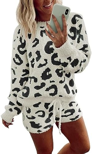 Ekouaer Fuzzy Fleece Pajamas 2 Piece Warm Soft Lounge Set Long Sleeve Sweater Top and Shorts Loungewear Outfits Sweatsuits