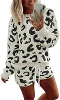 Ekouaer Fuzzy Fleece Pajamas 2 Piece Warm Soft Lounge Set Long Sleeve Sweater Top and Shorts Loungewear Outfits Sweatsuits