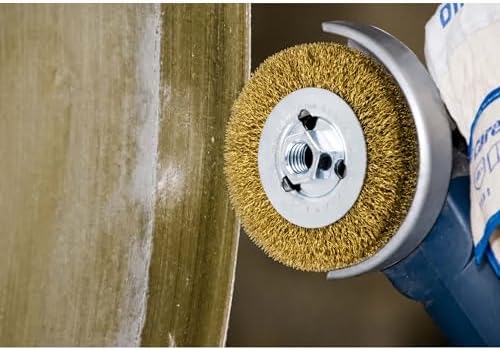 PFERD Crimped Wheel Brush - Brass Wire, 4" Diameter, 5/8-11 Thread, 0.012 Wire Size, 11/16" Trim Length, 1/2" Face Width, 12500 RPM - Ideal for Surface Preparation and Finishing - Part 82367