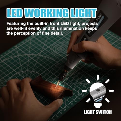 Variable Speed Rotary Tool Kit with 2.0 universal chuck from 1/50'' to 1/8'', Cordless Rotary Tool with LED Light, Multi-Purpose Power Tool for Sanding, Polishing, Drilling, DIY Crafts