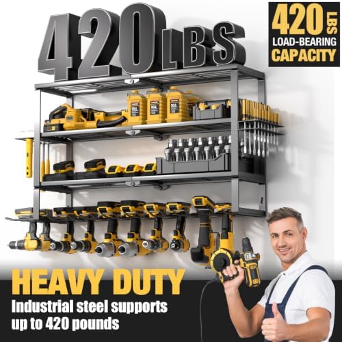 YYR Large Power Tool Organizer Wall Mount, Heavy Duty Metal Cordless Drill Storage Rack with Battery Charging Station Shelf, Utility Racks for Garage Organization, 4 Layer 10 Drills Holder Extra Tall