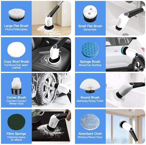 Electric Spin Scrubber, Cordless Voice Prompt Shower Scrubber with 8 Replaceable Brush Heads, 3 Adjustable Speeds, Long Handle for Bathroom Floor and Tile