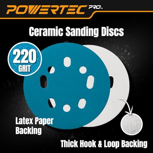 POWERTEC PRO 50PK, 5 Inch Sanding Discs Hook and Loop, 220 Grit, Ceramic Orbital Sander Sandpaper for 5 & 8 Hole Random Orbital Sanders - Automotive, Paint, Metal, Woodworking (45322C-50)