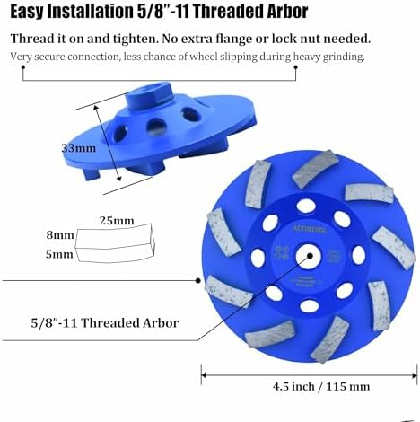 4.5 in. x 5/8-11 in. Threaded Arbor 9 Segments Diamond Turbo Cup Wheel for Stone Concrete Masonry (5/8"-11 Threaded)
