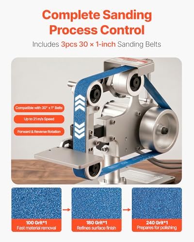 VEVOR Belt Grinder Sander with VFD, 30 x 1-Inch Variable Speed Belt Polisher, 550W Polishing Grinding Machine with 2 Grinding Modes & 3PCS Sanding Belts for Metalworking, Knife Making