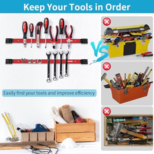 4 Pieces 12" Magnetic Tool Holder Strip, Red Magnet Bar, Metal Tool Organizer Rack for Garage Organization, Easy To Install in Workshop, Mounting Screws Included