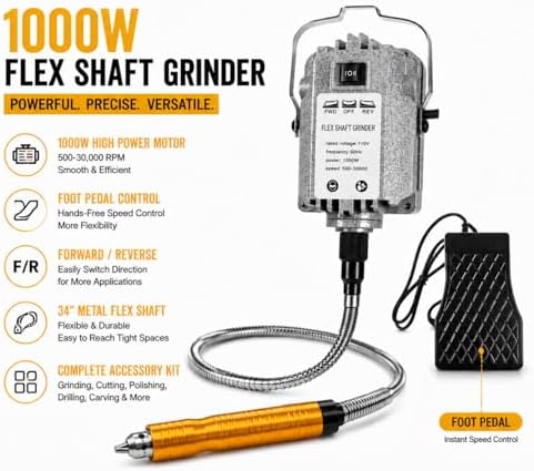1000W Flex Shaft Grinder, 30000RPM Flex Shaft Rotary Tool with Foot Pedal, Variable Speed Hanging Carver, Metal Flex Shaft, Forward/Reverse for Jewelry Wood Metal