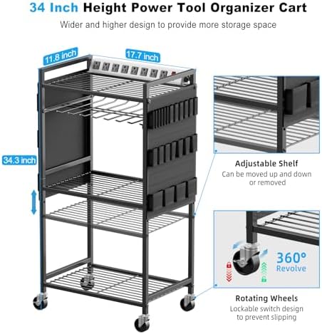 JUNNUJ Power Tool Organizer Cart with Charging Station, 10 FT Cord, Black