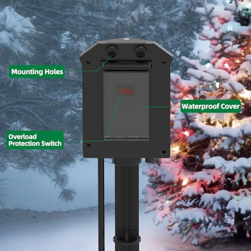 TiFFCOFiO Outdoor Power Strip Weatherproof, 25 FT Extension Cord with Stake, 6 Grounded Outlets for Christmas Yard Decorations and Inflatables, 15A/1875W, ETL Listed (Pack of 2)