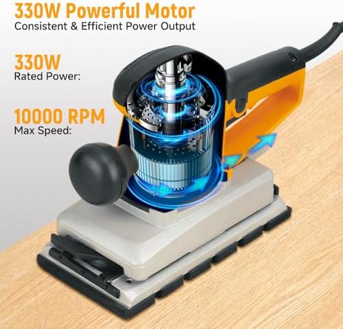Hoteche 330W Sheet Sander, 115 * 229mm Aluminum Base Sander with 10000rpm, Yellow, Color Box Packaging