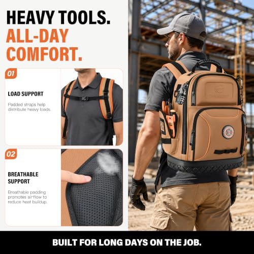 LOKASS 18.1-Inch Heavy-Duty Tool Backpack, 75 Pockets, Brown
