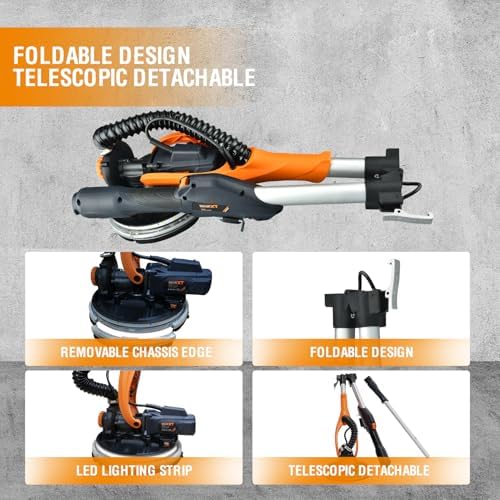 MAXXT Drywall Sander with Vacuum Dust Collection, Popcorn Ceiling Removal Tool, 6 Variable Speed Foldable Telescopic Electric WallSander, 600-1900RPM Power Sander Tool, LED Light, 18Pcs Sanding Discs