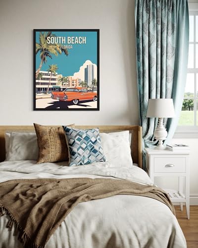 South Beach Florida Black Framed Wall Art Print Poster, US Vintage Retro Beach Scenery Posters Prints for Restroom Home Picture Painting Artwork Gallery 219 (South Beach Florida, 24"L x 18"W, Black Frame)
