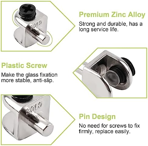 Glass Shelf Bracket, 20Pcs Wall Mounted Adjustable Glass Shelf Bracket Pegs Zinc Alloy Half Round Glass Clamp Clips with Pin Frameless Glass Shelf Holders Supports, Brushed Finish