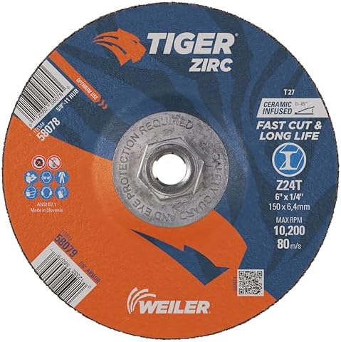 Weiler 58078 6" x 1/4" Tiger Zirc Type 27 Grinding Wheel, Z24T, 5/8"-11 Nut (Pack of 10)
