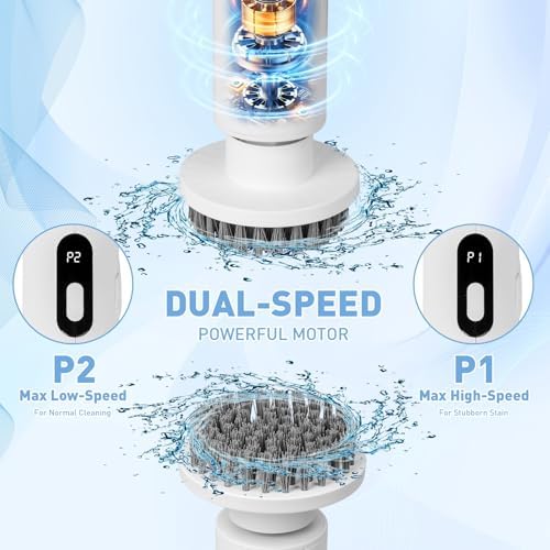 Electric Spin Scrubber, Adjustable Angle Cordless Shower Scrubber, Waterproof Bathroom Scrubber with Display & 7 Replaceable Brush Heads, Power Scrubber for Bathroom Floor Tub Tile（grey white 2）