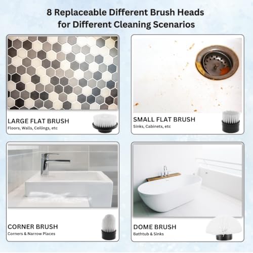 Electric Spin Scrubber, Cordless Cleaning Brush with 8 Replaceable Heads, Adjustable Handle, Dual Speed Power Scrubber for Bathroom, Bathtub, Floor, Tile, and Kitchen Cleaning