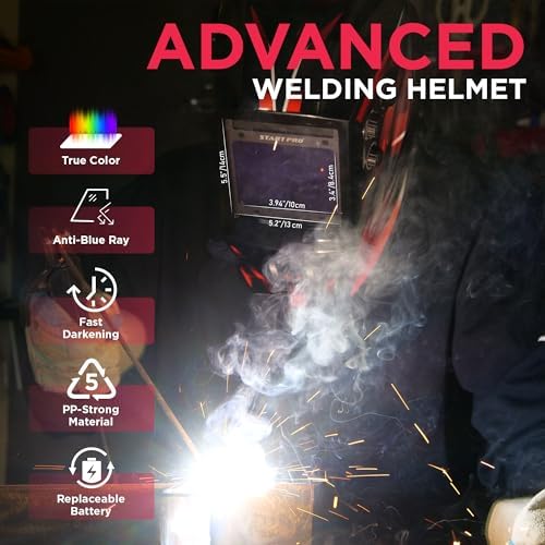 StartPro Auto Darkening Welding Helmet, Large Viewing, True Color, Wide Shade Range DIN 4/5-9/9-13, 4 Arc Sensors, TIG, STIK, MIG, CUT, SAW, Flux cored, Plasma, Grinding mode