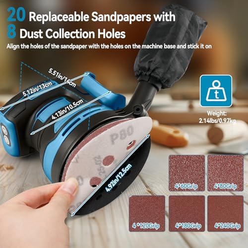 5" Cordless Random Orbital Sander Compatible with Mak-ita 18v Battery,Brushless, 3-Speed (7000/9500/11000 RPM), Dust Bag Included, 20 Sanding Discs for Woodworking Polishing Sanding