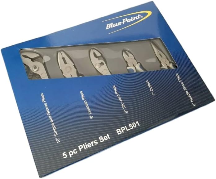 Blue Point BPL501 5-Piece Pliers and Cutter Set with Storage Tray, Slip Joint, Lineman's, Needle Nose, Adjustable Joint and Diagonal Cutter
