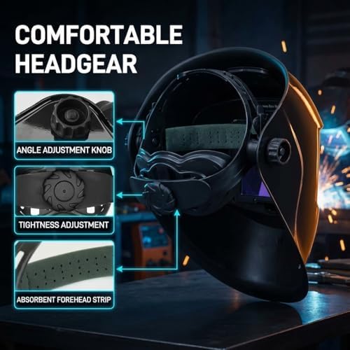 WHA100 Auto Darkening Welding Helmet-CE EN175 Certification-Solar&Battery Power-4 Sensors, 0.04ms Response Time-Optical Grade 1/1/1/2-True Color Wide View Screen-Shade 8-12 for SMAW, MIG, TIG, GTAW