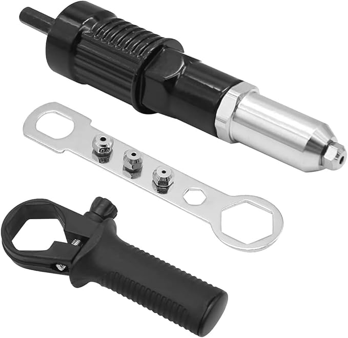 Pop Rivet Gun Adapter Kit, Rivet Drill Attachment with 4 Rivets Heads 2.4mm/3.2mm/4.0mm/4.8mm, Cordless Electric Drill Riveter Insert Nut Tool, Cordless Rivet Gun Power Drill Adaptor Kit