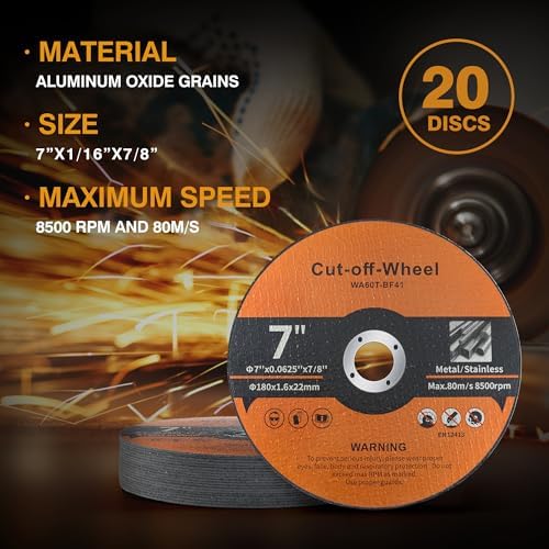 20 Pack Cut Off Wheels 7 Inch Cutting Wheel 7”x1/16”x7/8” Metal and Stainless Steel Cutting Disc Fit for Angle Grinder Aggressive Cutting disc for General Purpose Metal Cutting