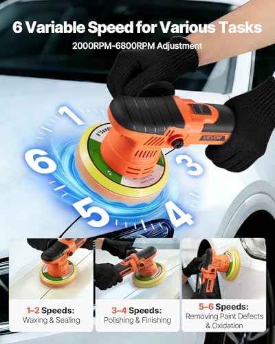 VEVOR Car Buffer Polisher, 6-Inch Dual Action Polisher Buffer Waxer, 650W 6 Variable Speeds 2000-6800RPM Random Orbital Polisher Kit for Cars Detailing, Waxing, Polishing