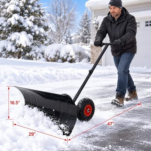 29" Snow Pusher Shovel with Adjustable Handle, Snow Shovel with Wheels, Snow Clean Tool for Driveway or Pavement, Black