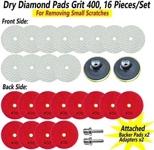 16 Packs Dry Diamond Polishing Pads Grit 400, 4 Inch Dry/Wet Granite Sanding Pad for Bufffing Marble Quartz Concrete Stone Tiles Used for Grinder Polisher Drill