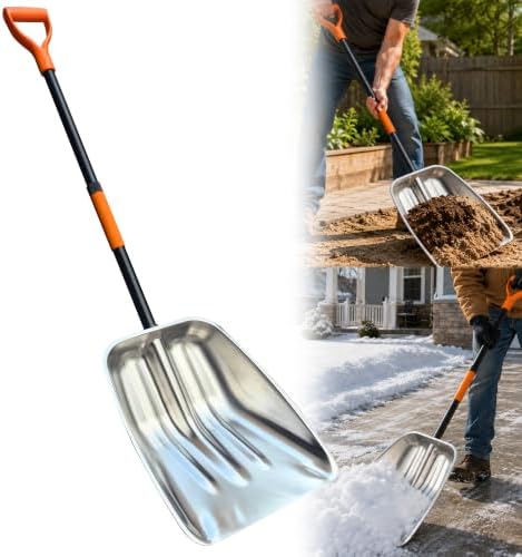 Metal Snow Shovel, Heavy Duty Stainless Steel Scoop Shovel for Snow Gravel