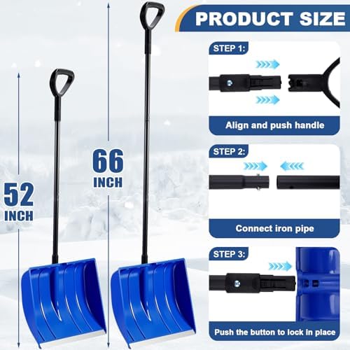 Therwen 52 to 66 Inch Snow Shovel for Driveway with Aluminum Strip Adjustable Length Detachable Large Snow Shovel with D-Grip Handle, Portable Shoveling Tool for Home Garage Garden Camping Outdoor