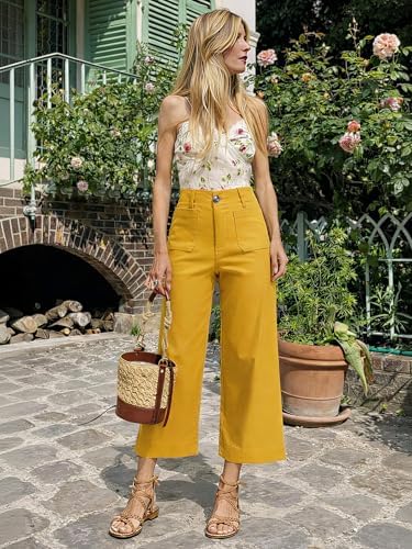 MOHHOM Women’s High Waisted Wide Leg Cropped Pants Stretchy Business Casual Work Pants with Pockets