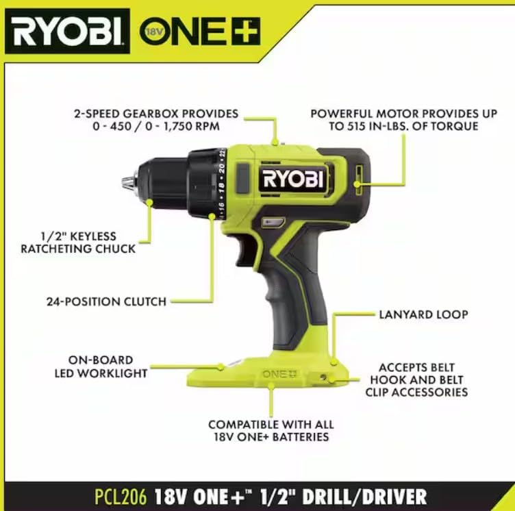 RYOBI Drill Impact Driver Combo Kit 18V ONE+ Cordless 2-Tool Set with Batteries Charger Tool Bag + Gloves