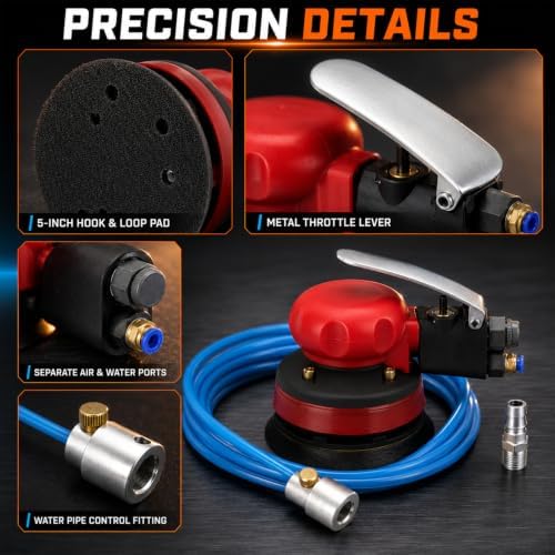 5“ Pneumatic Random Orbital Sander Kit, Air Water Polisher with 18.0ft Water Pipe, 1/4” Air Inlet