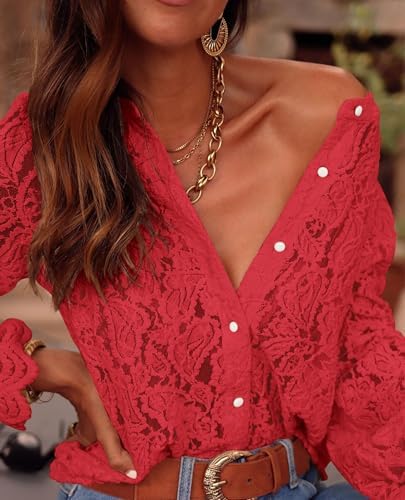 PRETTYGARDEN Women's Fall Trendy Long Sleeve Lace Tops