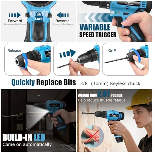 JENABOM 146-Piece Home Tool Set with 12V Blue Cordless Drill
