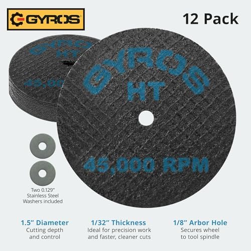 GYROS Cut-Off Wheels for Rotary Tools – 1.5” High-Tensile Fiberglass Reinforced, 12-Pack | Ideal for Cutting Hardened/Unhardened Steel, Steel Alloys, Hard Bronze, Metal | Made in USA 11-32156/12