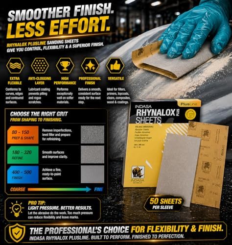 Indasa 50 PCS 9x11 Sandpaper Rhynalox Plusline - 360 Grit Dry Sanding Sheets, Professional-Grade Abrasive for Wood, Metal, Automotive, and Paint Finishing - Durable, Clog-Resistant Sand Paper