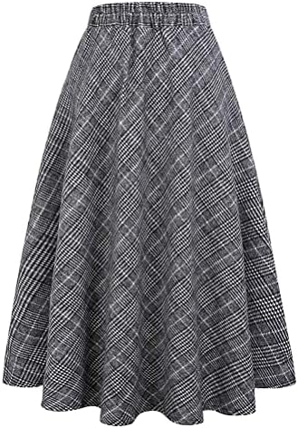 IDEALSANXUN Womens Plaid Wool Skirts Elastic Waist A-Line Pleated Tartan Long Skirts