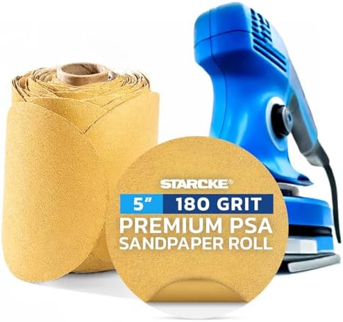 5 inch Sanding Discs 180 Grit Sandpaper Discs PSA Adhesive Sandpaper Roll No Hole - Disc Gold Round Sanding Paper, Durable Sand Paper for Wood, Auto Body, Metal, Marine Paint for Smooth Surfaces