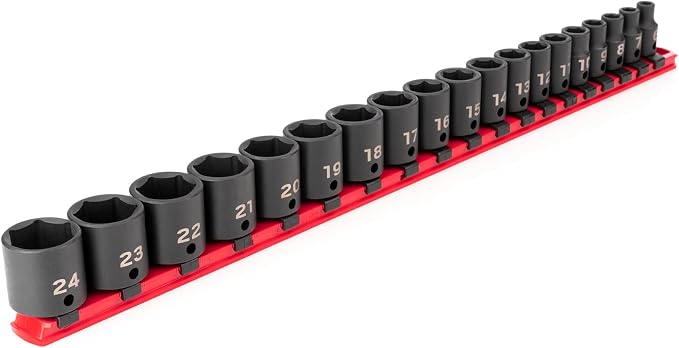 TEKTON 3/8 Inch Drive Impact Socket Set, 19-Piece | SID91106 | (6 - 24 mm), Shallow, 6-Point, Socket Rail
