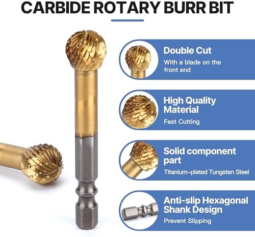 HUHAO Tungsten Carbide Rotary Burr Bit, Double Cut Carbide Burr 1/4" Shank Die Grinder Cutting Burrs Bit for Metal Working & Sturdy