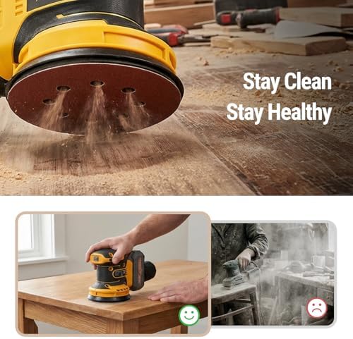 5’’ Brushless Cordless Random Orbital Sander Compatible with Dewalt 20V MAX Battery (TOOL ONLY), 12,000OPM Palm Sander, Dust Bag, Lightweight, 10 Sandpapers, 6 Variable Speeds for Wood, Metal & DIY