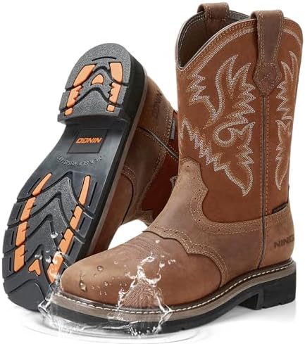 HISEA NINGO Steel Toe Work Boots for Men Square Toe Cowboy Boots Soft Toe
