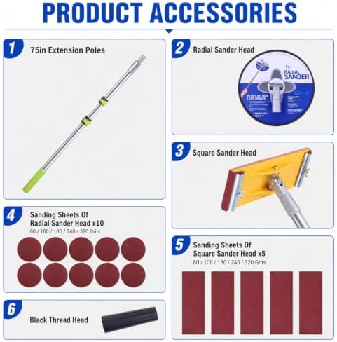 Telescopic Pole Sander,Drywall Pole Sander With 75in Adjustable Pole,2 Sander Heads,15 sanding Sheets (80,100,180,240,320 Grit),Suitable For Wall Painting, Cleaning And Polishing
