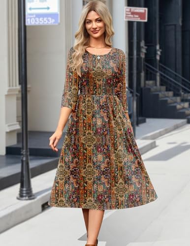 Zeagoo 3/4 Sleeve Women's Dress Casual Aline Summer Fall Midi Long Dresses