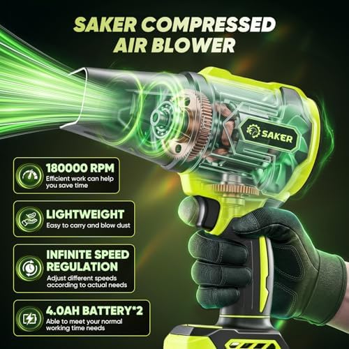 Saker Cordless Leaf Blower Portable Dust Cleaner with 2 Extended Nozzle Handheld Blower Air Duster with Adjustable Speed for Lawn Care Car Drying 2 Batteries Dark Green with Case