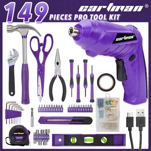 CARTMAN 149PCS Tool Set, Purple Cordless Screwdriver, Home Repair Tool Kit